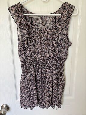 Sleeveless Floral Ruffle Waist Dress - Black & Pink